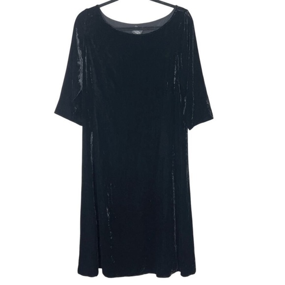 Eileen Fisher Velvet Boat Neck Midi Dress 3/4 Sleeves A-Line Black Sz L - Picture 1 of 10